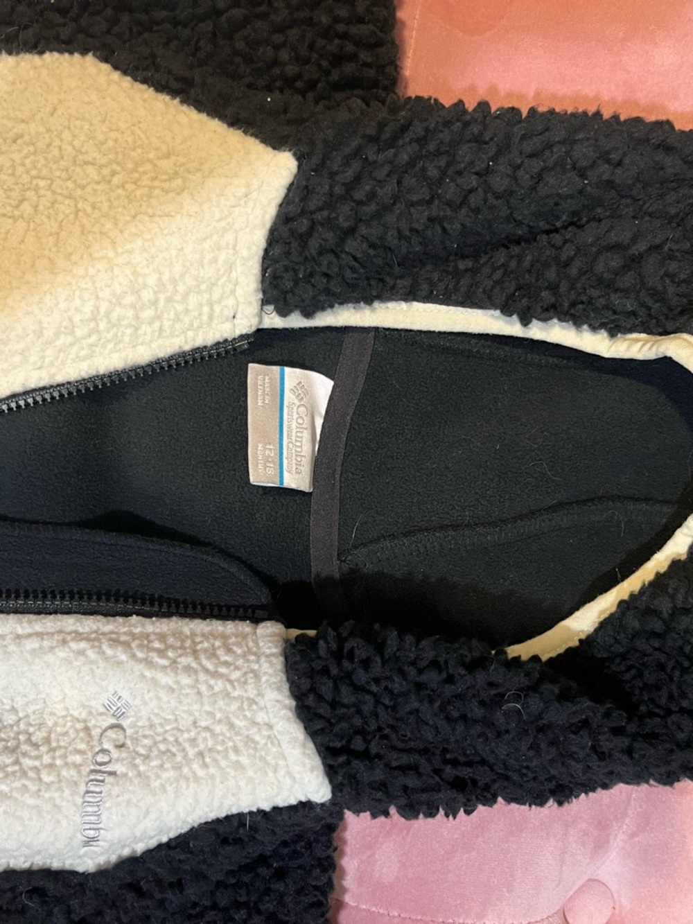 Columbia Black and Cream Sherpa Baby Footie with Hood 12-18 - Picture 3 of 8